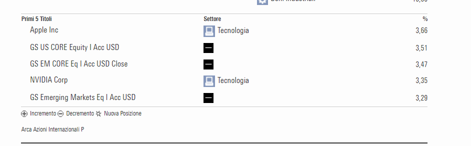 arca azioni internazionali: primi 5 titoli in portafoglio